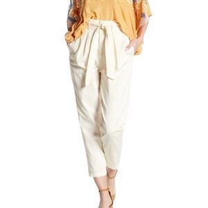 Free People High Waist 90s Peg Paperbag Pleated Belted Trousers Cream Size 0